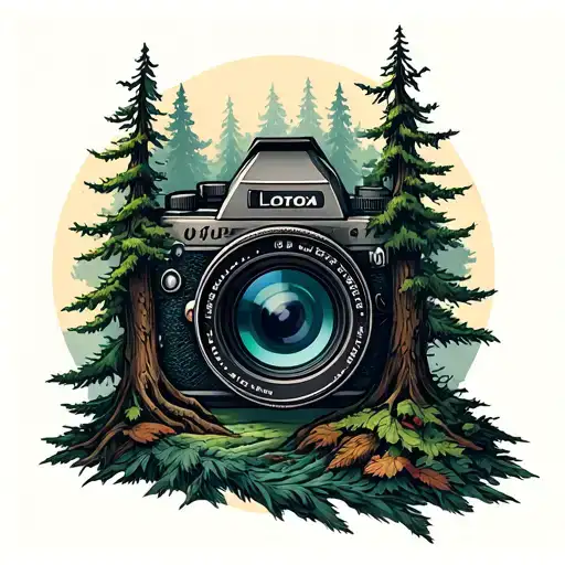 An intricate forest landscape with a hidden camera lens peeking through the trees tattoo design idea