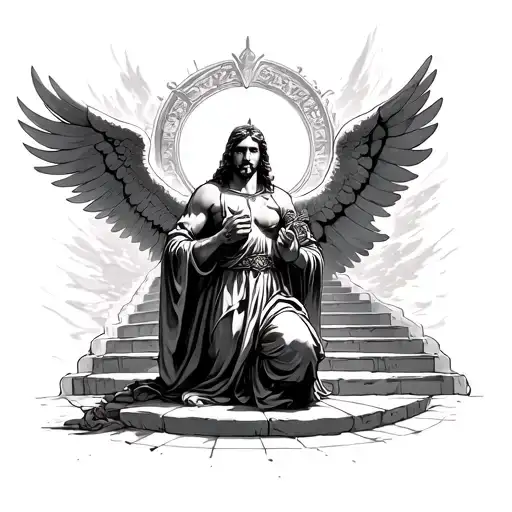 staircase to heaven gates, with angel warrior, kneeling to god tattoo design idea