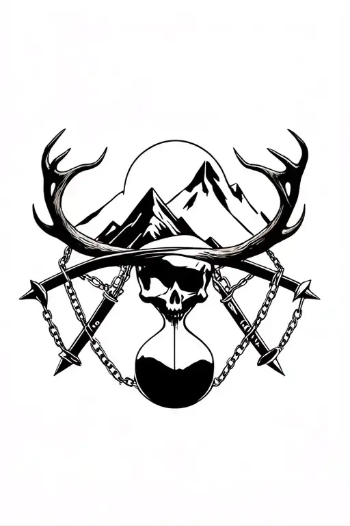 mountain and chains wrapped with skull and deer horns something unique and hourglass with swords and minimal tattoo design idea