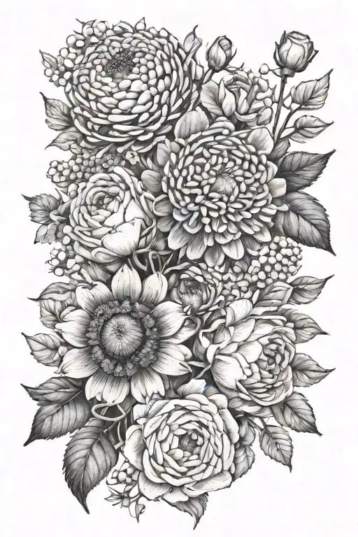 narcisso blanco, flor caltha, ranunculus asiatica, lysimachia arvensis, passionflower, flor naranjo y arce palmatum tattoo design idea