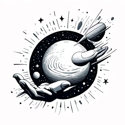 gods hand reaching down and his fingerprint is stars and planets in outer space tattoo design idea