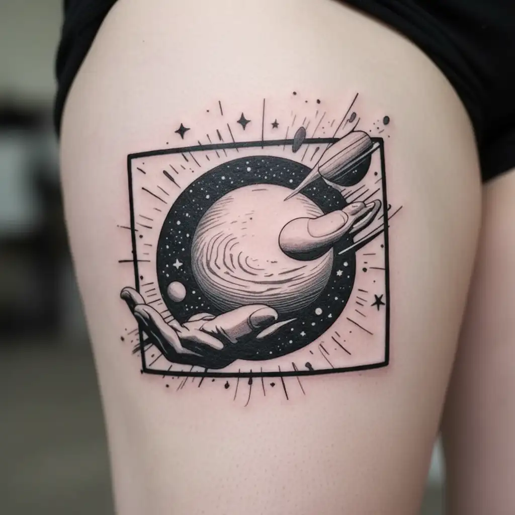 gods hand reaching down and his fingerprint is stars and planets in outer space tattoo design idea