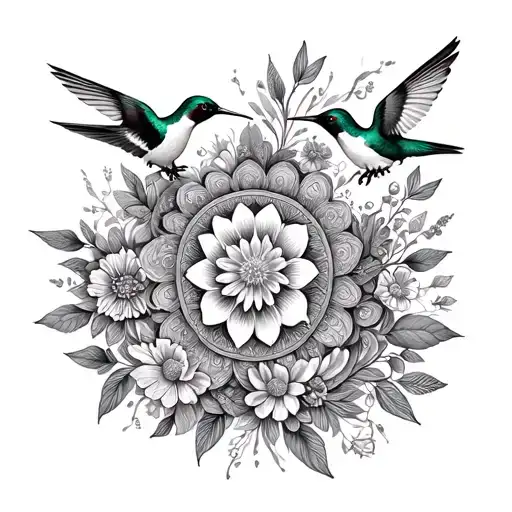 An intricate mandala design incorporating hummingbirds and various types of flowers tattoo design idea