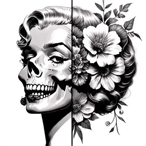 Half skull half Marilyn Monroe face with flowers growing realistic tattoo design idea