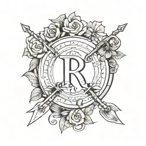 balance letter R and M on each side and a bow and arrow tattoo design idea