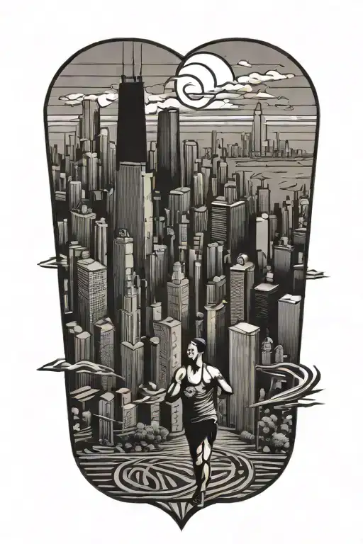 Geometric Chicago Skyline with Marathon Runner crossing finish line tattoo design idea