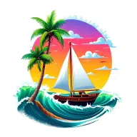 white sailboat, sunrise sky background island palm tree. calm ocean waves, bright and vibrant colors tattoo design idea