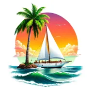white sailboat, sunrise sky background island palm tree. calm ocean waves, bright and vibrant colors tattoo design idea