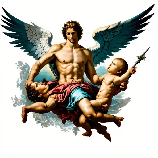 a mythical religious tattoo, for the back, in which the battle of Saint Michael is presented in the middle, with baby an tattoo design idea