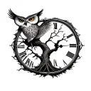 tree of life, clock, hour glass, owl, mystical creatures tattoo design idea