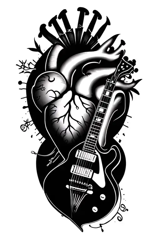 A black and white tattoo depicting a memory of heart surgery, music (guitar), respect for life, time, and the children's tattoo design idea