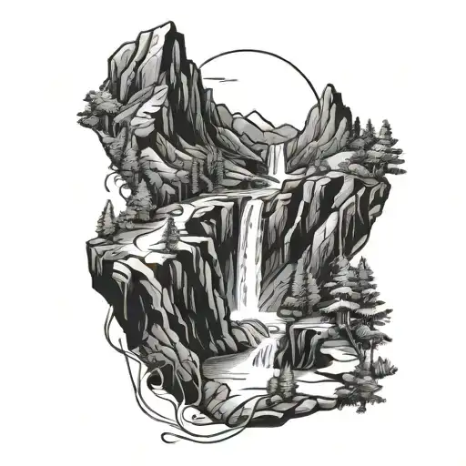 A detailed mountain landscape with a winding hiking trail and a hidden waterfall tattoo design idea