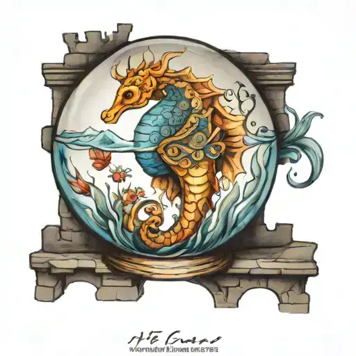seahorse in a fish bowl on a castle tattoo design idea