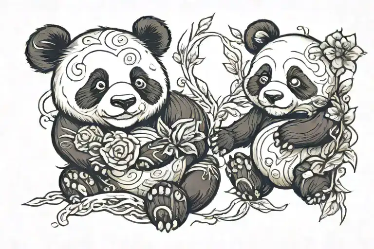 two pandas, dad and child, holding hands tattoo design idea