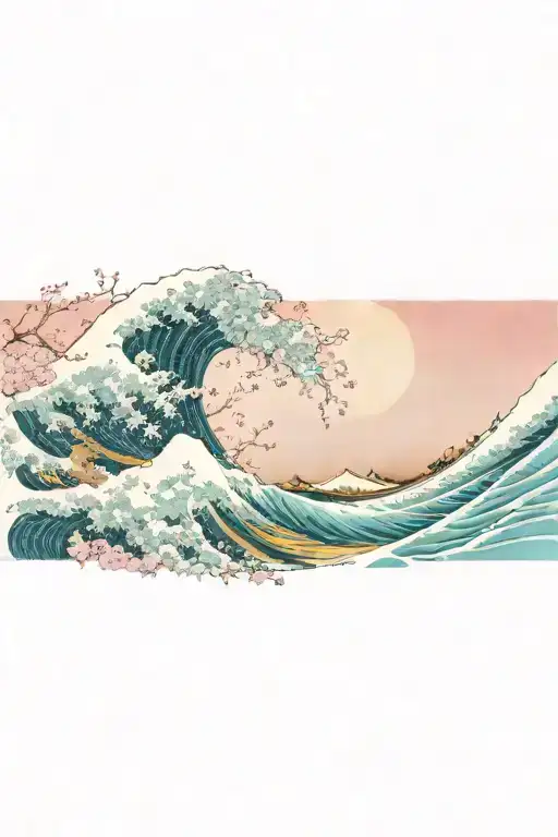 Cherry blossoms wrapping around The Great Wave off Kanagawa against the night sky tattoo design idea