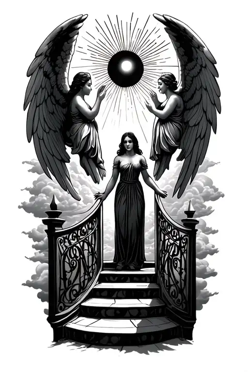 stairway to heaven gates angels sun rays clouds woman holding hands tattoo design idea