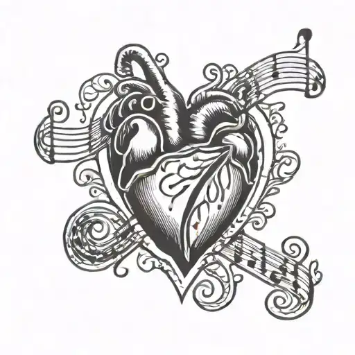 heart and music notes intertwined tattoo design idea