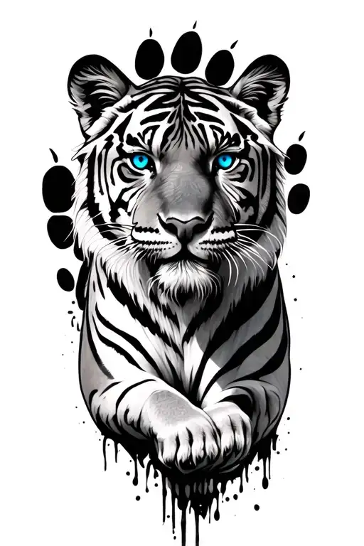tiger with blue eyes leaving  paw prints behind  tattoo design idea
