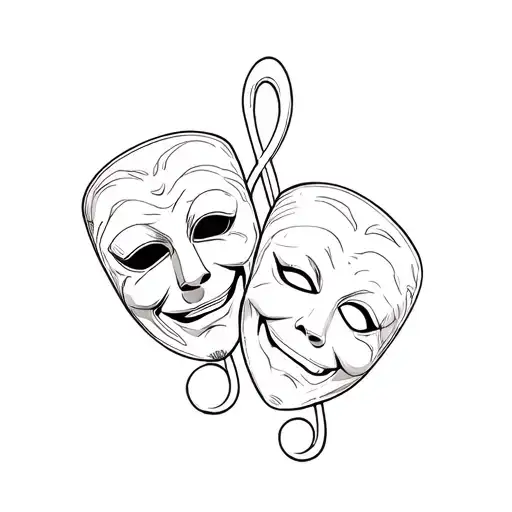 combine the comedy and tragedy theater masks with a treble clef tattoo design idea