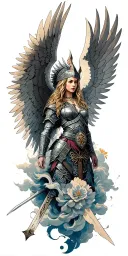 Meaningful warrior angel, Norse Valkyrie, clouds, rays, floral patterns, Norse cross tattoo design idea