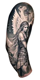 Meaningful warrior angel, Norse Valkyrie, clouds, rays, floral patterns, Norse cross tattoo design idea