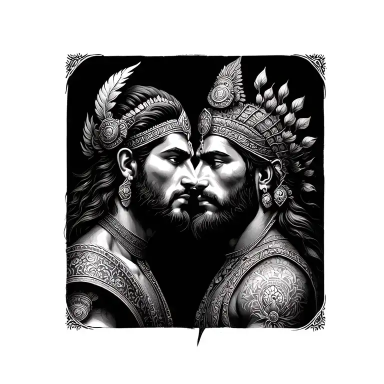 "A tattoo design that symbolizes the deep friendship between Karna and Arjuna, combined with symbols of the three divine tattoo design idea