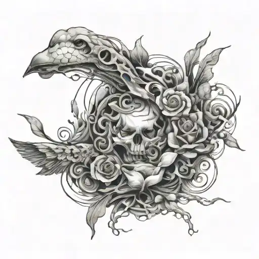 Absurd realism, fine line, gray scale, thought provoking, artistic, depth,  tattoo design idea