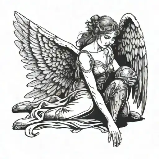 A kneeling beutiful woman with angelic wings, behind her a roman soldier is cutting her wings tattoo design idea