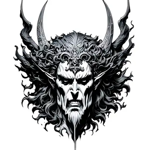 imagine A highly detailed black-and-white illustration of Hades, Greek god of the underworld, fierce and commanding, orn tattoo design idea