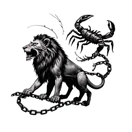 lion dead with broken chain under paw with scorpion standing on top claws in air broken manacles on claws tattoo design idea