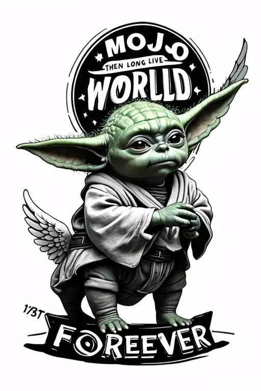 baby yoda with word mojo world forever 19 03/02/2025 then long live snatchem with angel wings 07/06/16 tattoo design idea