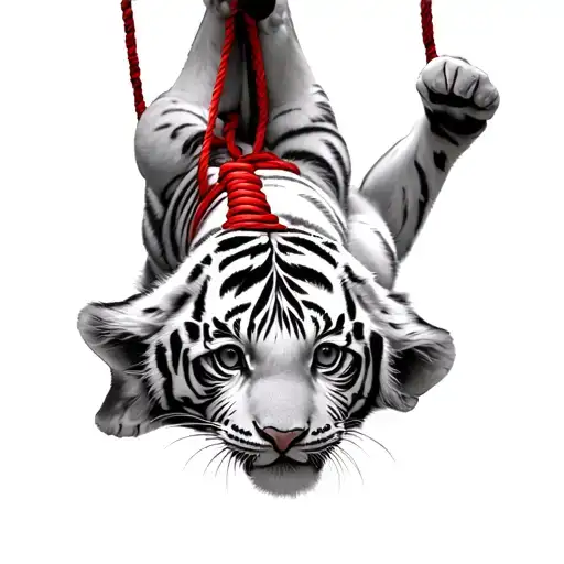 A white tiger cub hanging upside down, its body and paws tied with red shibari thread tattoo design idea