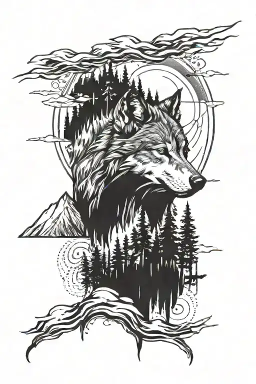 tattoo design of a close up wolf face, mountain, forest, sun, moon, river tattoo design idea