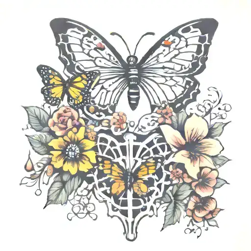 ribcage with broken rib flowers and butterflies tattoo design idea