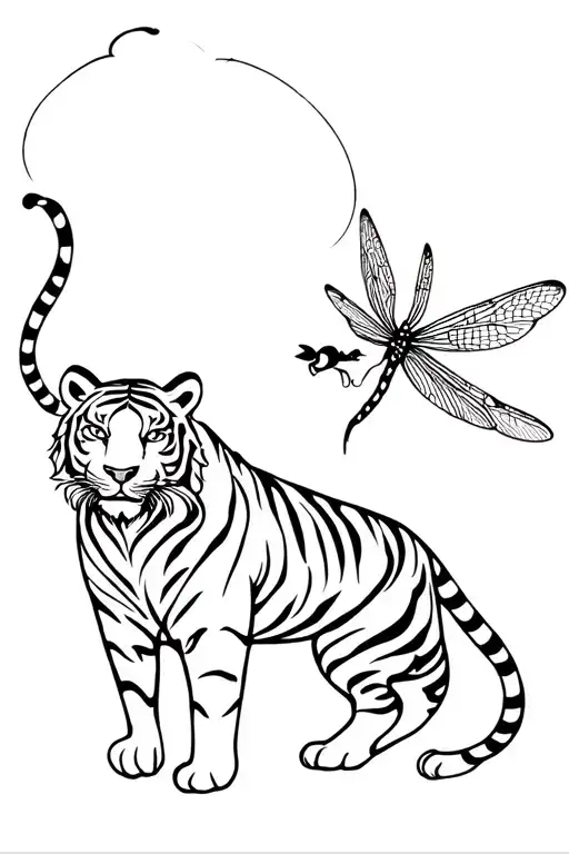 fine line playful tiger with dragonfly flying tattoo design idea