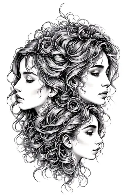 libra and gemini sisters hair tangled together tattoo design idea