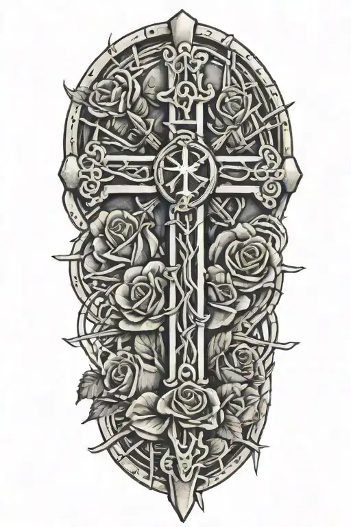 cross wrapped in barbed wire with roses with roman numerals tattoo design idea