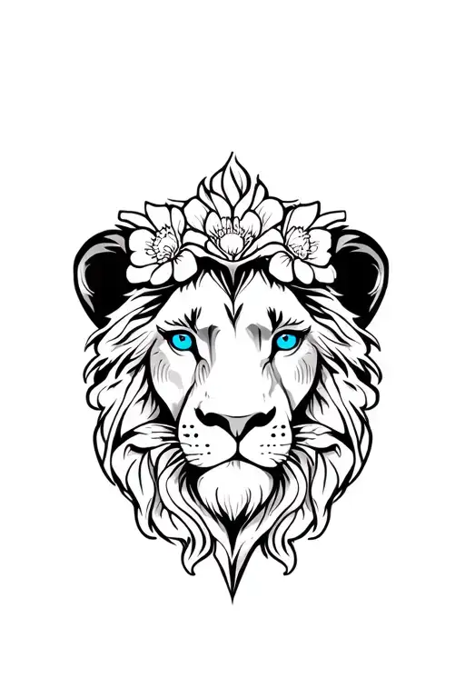 A lion head with blue eyes and flowers tattoo design idea
