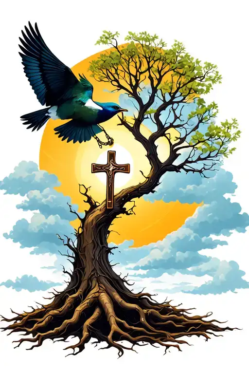 Root tree growing towards bird flying holding a cross necklace with the sun and clouds overhead tattoo design idea