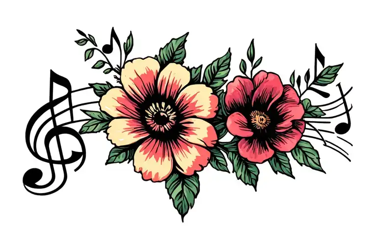 flowers and musical notes tiny tattoo design idea
