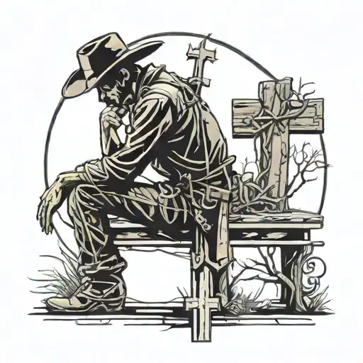 silhouette of a cowboy kneeling down next to a cross tattoo design idea