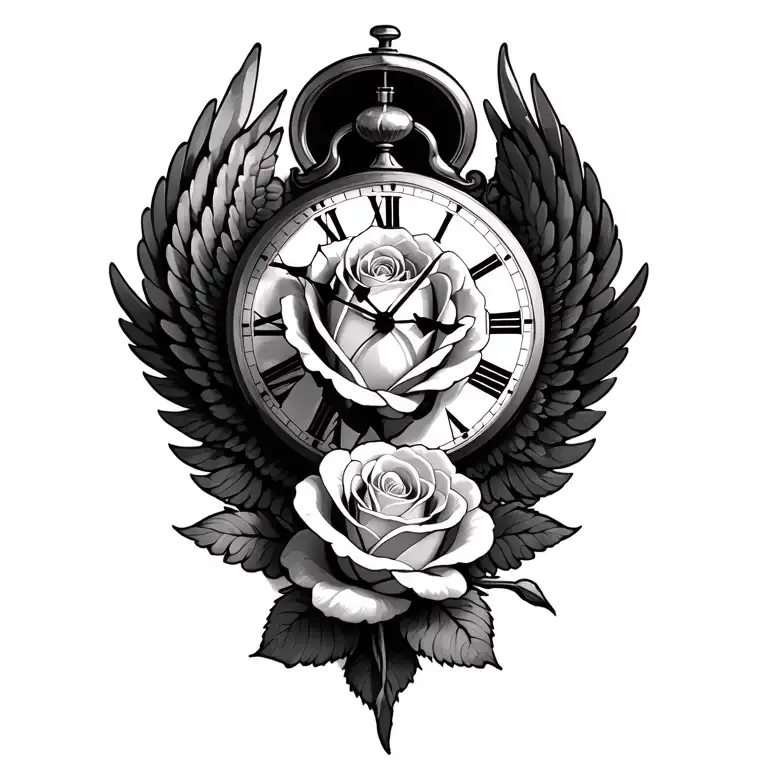 clock, rose and wings made tattoo design idea