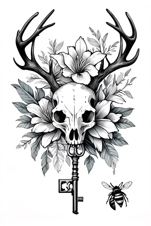 cumpas skeleton key lilly flower deer skull bee feather tattoo design idea