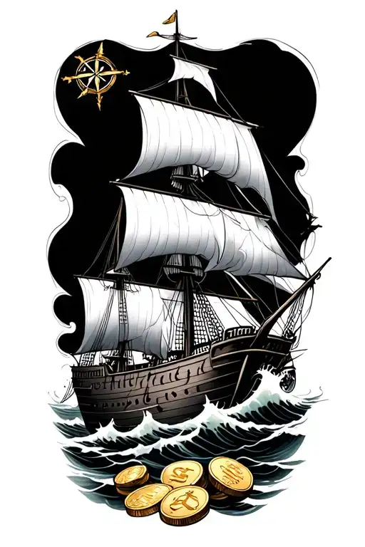Tattoo for full lower arm around a pirate ship, waves, kraken, gold coins and compass tattoo design idea