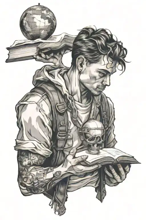 man holding world on shoulders with book in his hand tattoo design idea