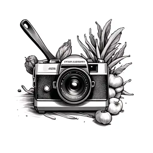 I want a tattoo that shows my passion for cooking and photography. Include a pan, some veg, a camera, Polaroid photos tattoo design idea