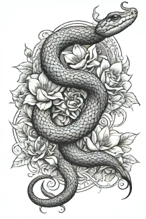 snake wrapped moon flowers tattoo design idea