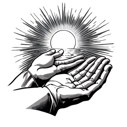 two hands holding the sun setting with rays of light and the words "The sun is shining in my hands" tattoo design idea