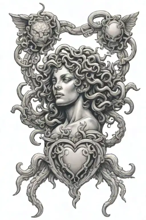 realistic mythological medusa holding heart in one hand and brain in the other hand tattoo design idea