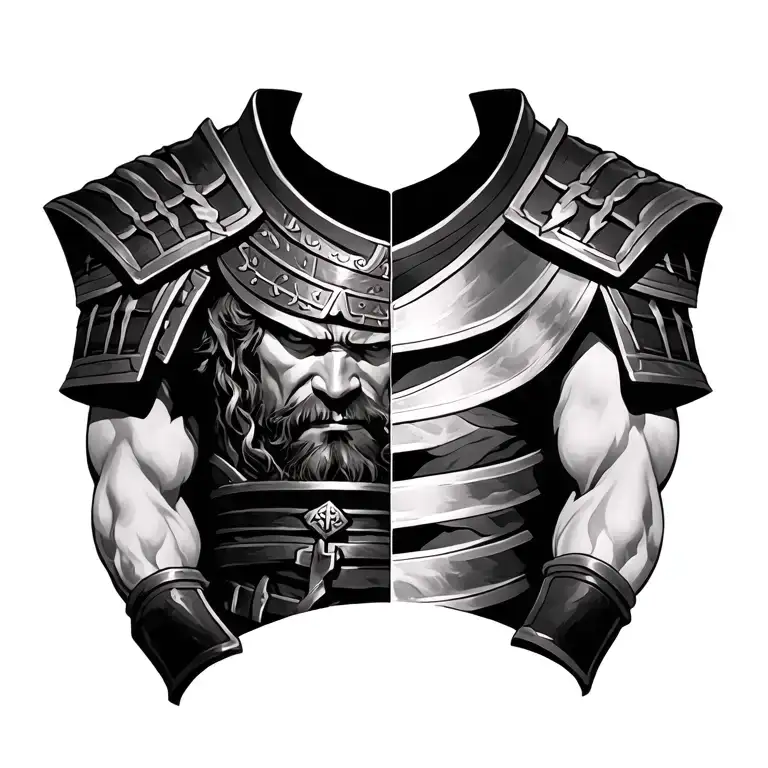 chest piece half samurai half christian tattoo design idea